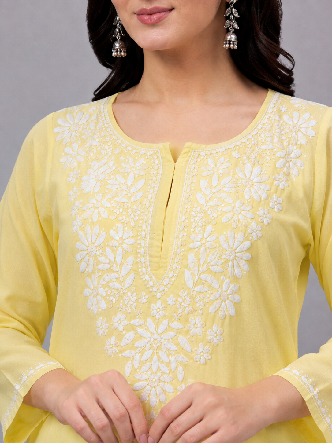 Rayon Chikankari Straight Kurti - Lime Yellow