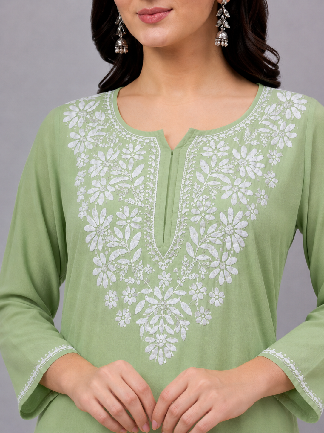 Rayon Chikankari Straight Kurti - Pista Green