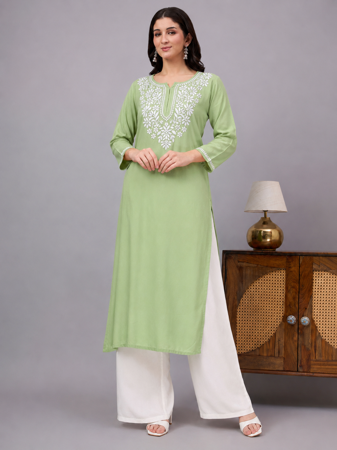 Rayon Chikankari Straight Kurti - Pista Green