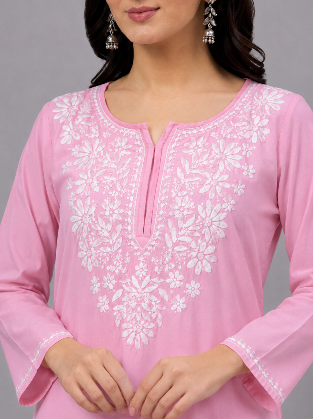 Rayon Chikankari Straight Kurti - Baby Pink