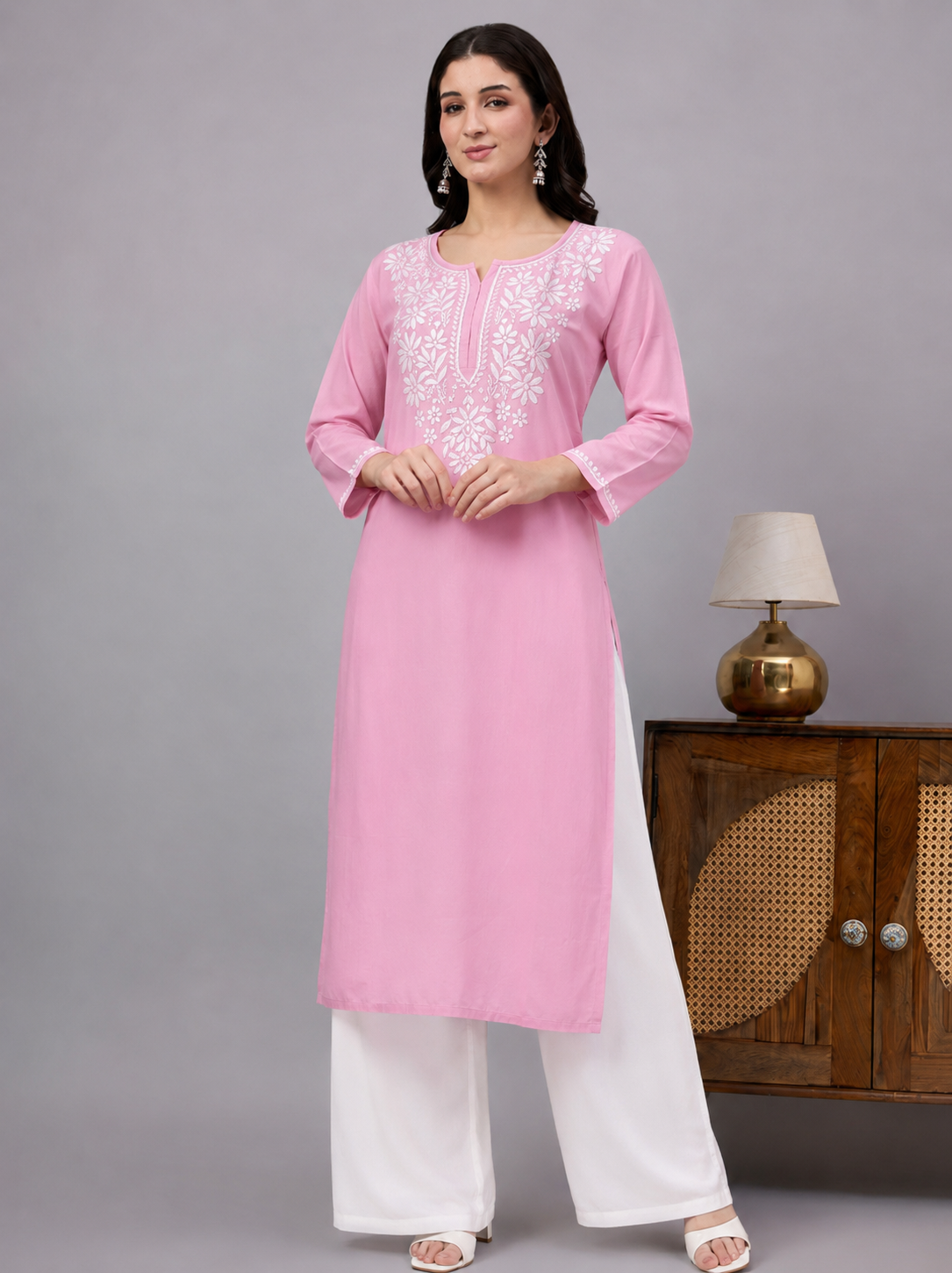 Rayon Chikankari Straight Kurti - Baby Pink