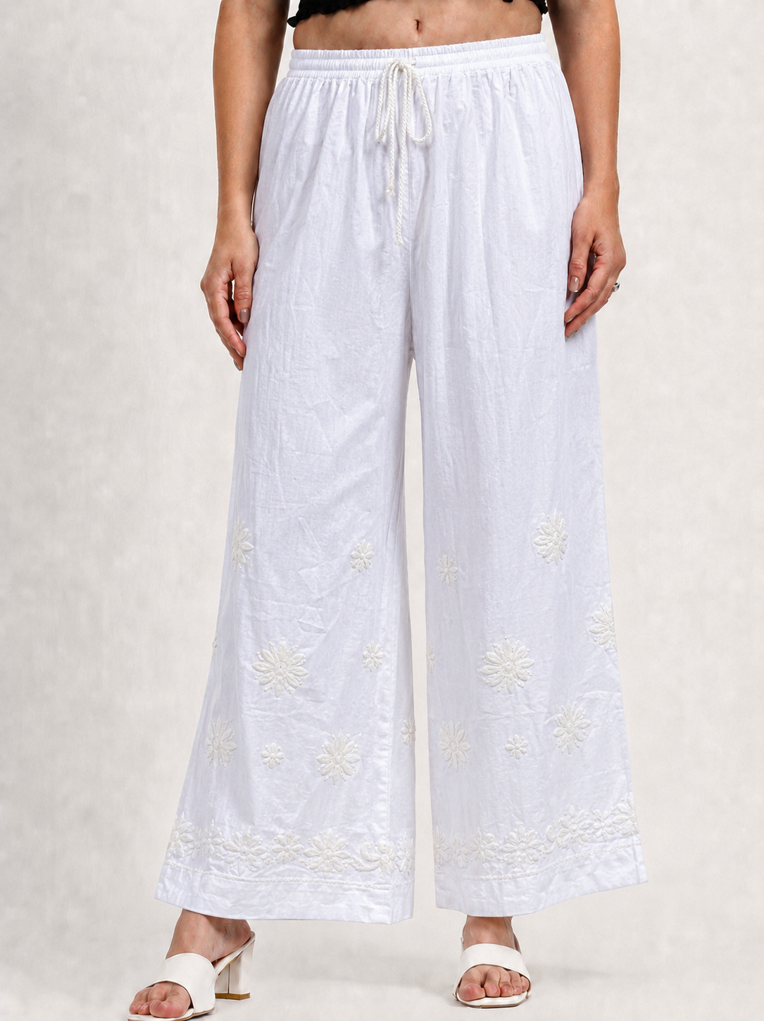 Lycra Chikankari Straight Palazzo - White