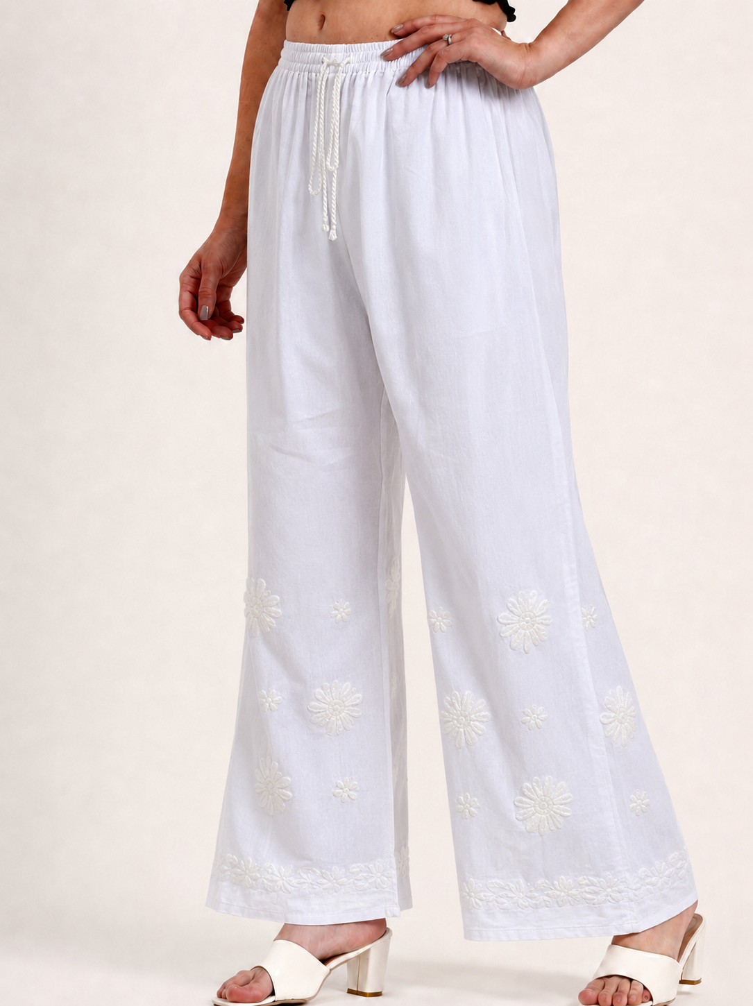Lycra Chikankari Straight Palazzo - White