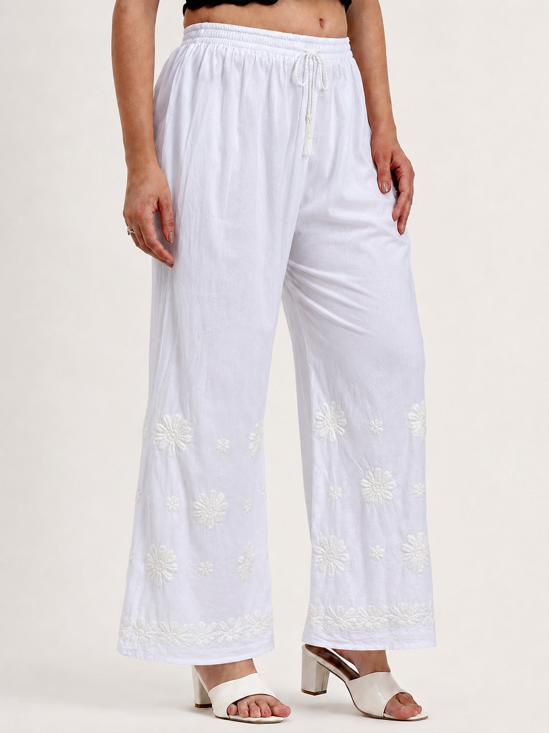 Lycra Chikankari Straight Palazzo - White