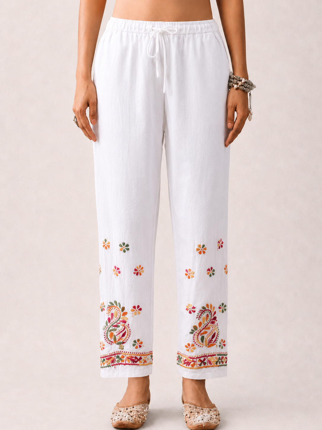 Floral Lycra Straight  Chikankari Pant - White Multi