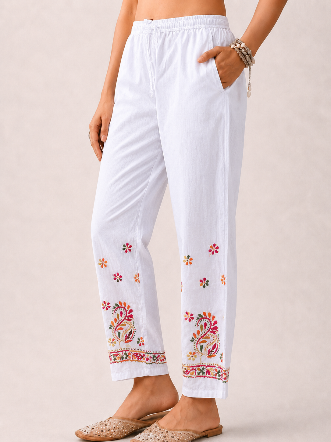 Floral Lycra Straight  Chikankari Pant - White Multi