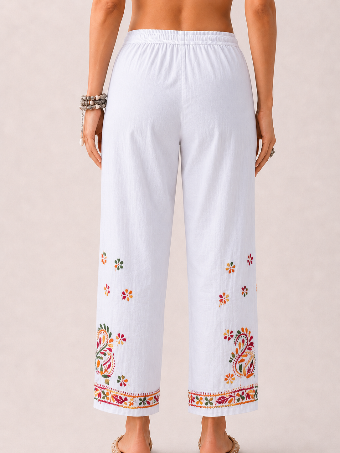 Floral Lycra Straight  Chikankari Pant - White Multi