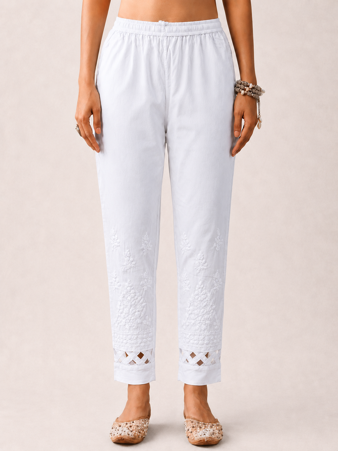 Lycra Straight Chikankari Cigarette Pant With Cutwork - White