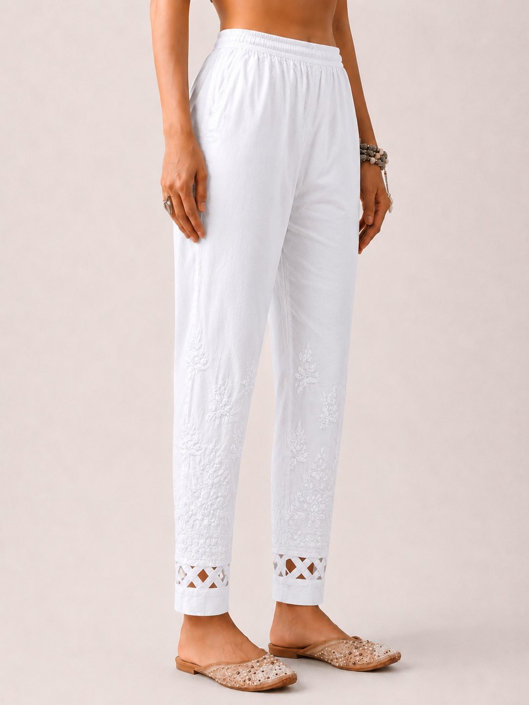 Lycra Straight Chikankari Cigarette Pant With Cutwork - White