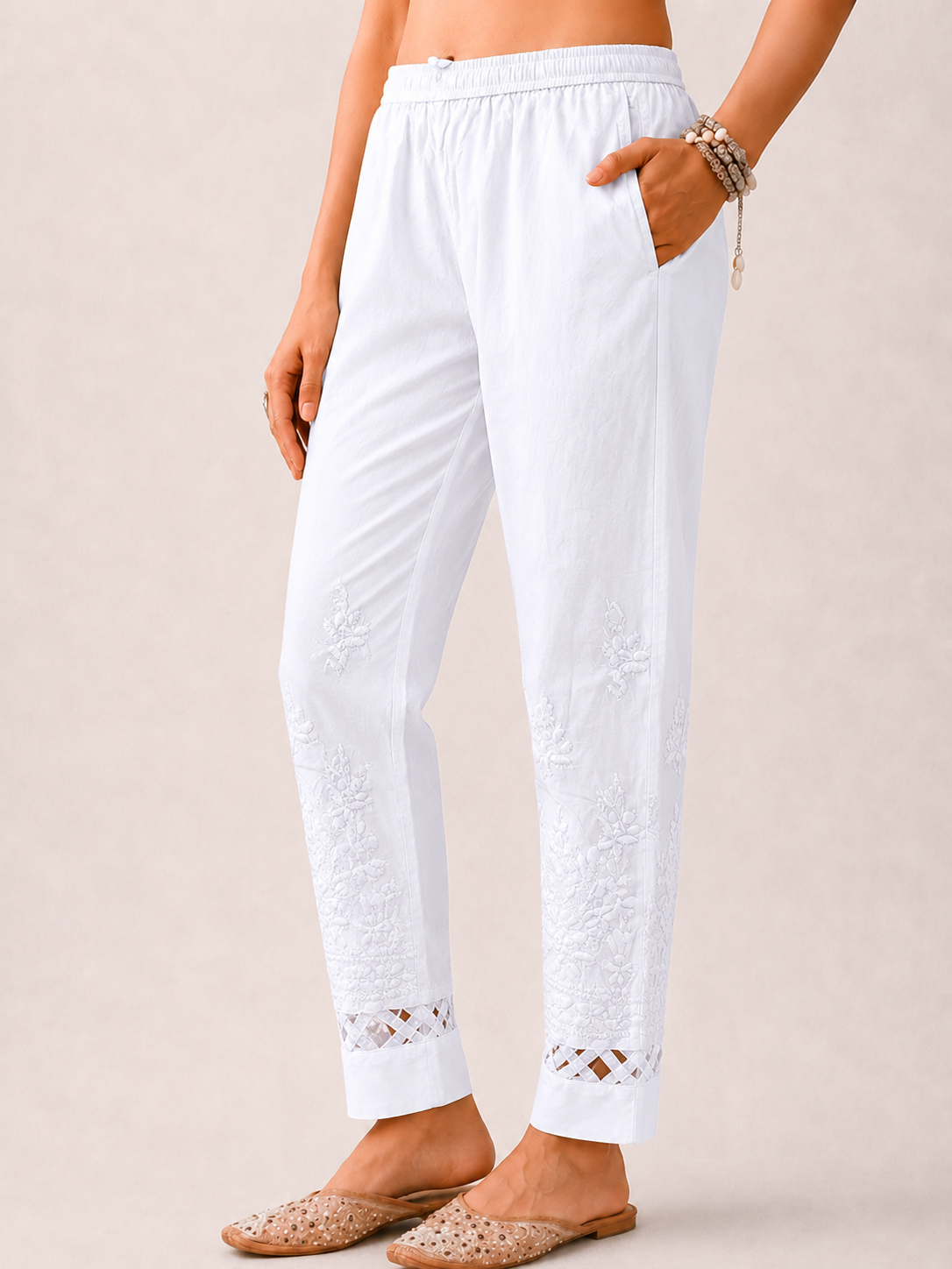 Lycra Straight Chikankari Cigarette Pant With Cutwork - White