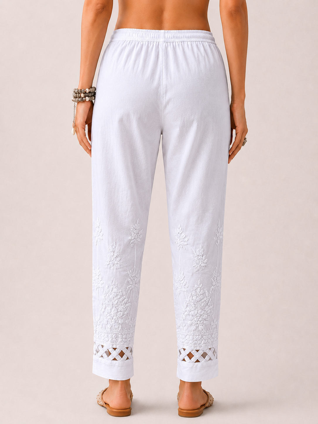Lycra Straight Chikankari Cigarette Pant With Cutwork - White