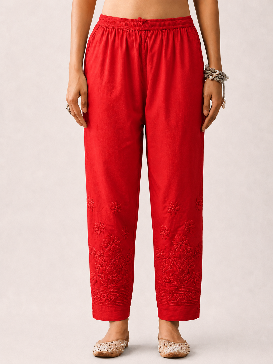 Lycra Straight Chikankari Pant - Red