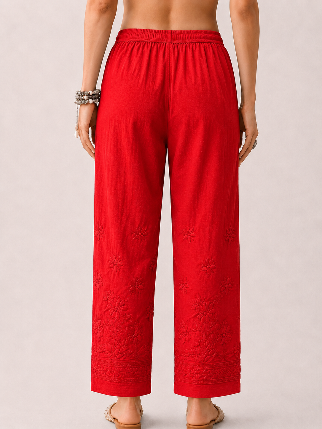 Lycra Straight Chikankari Pant - Red
