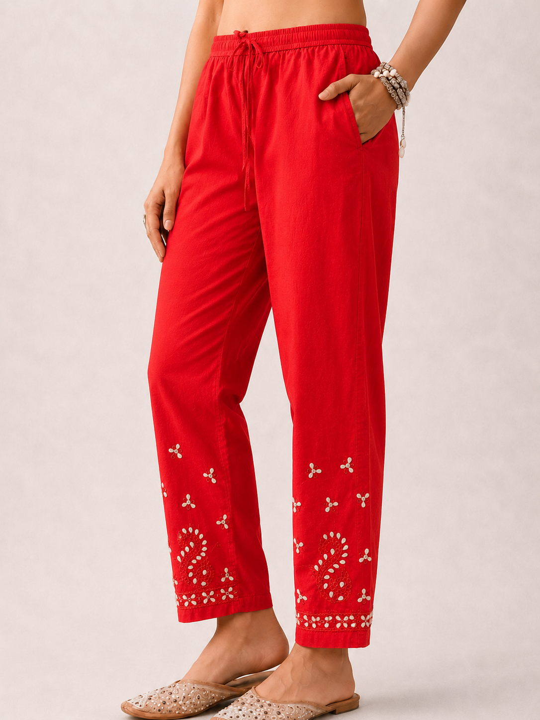 Mayuri Lycra Straight Chikankari Cigarette Pant with Gota Patti - Red
