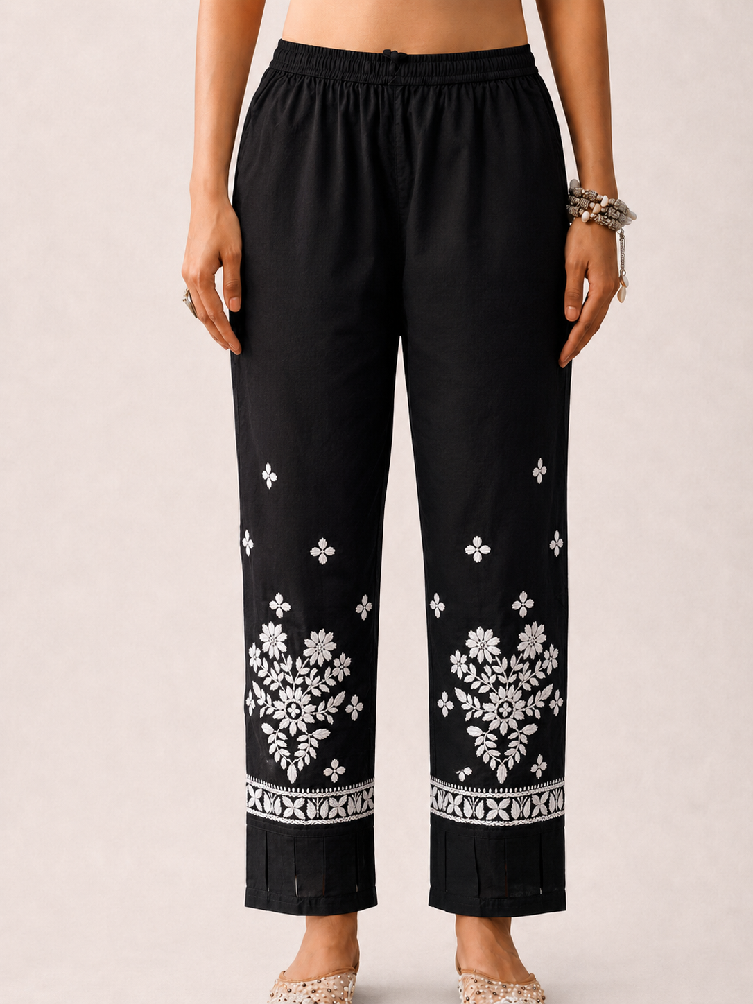 Lycra Straight  Chikankari Pant - Black