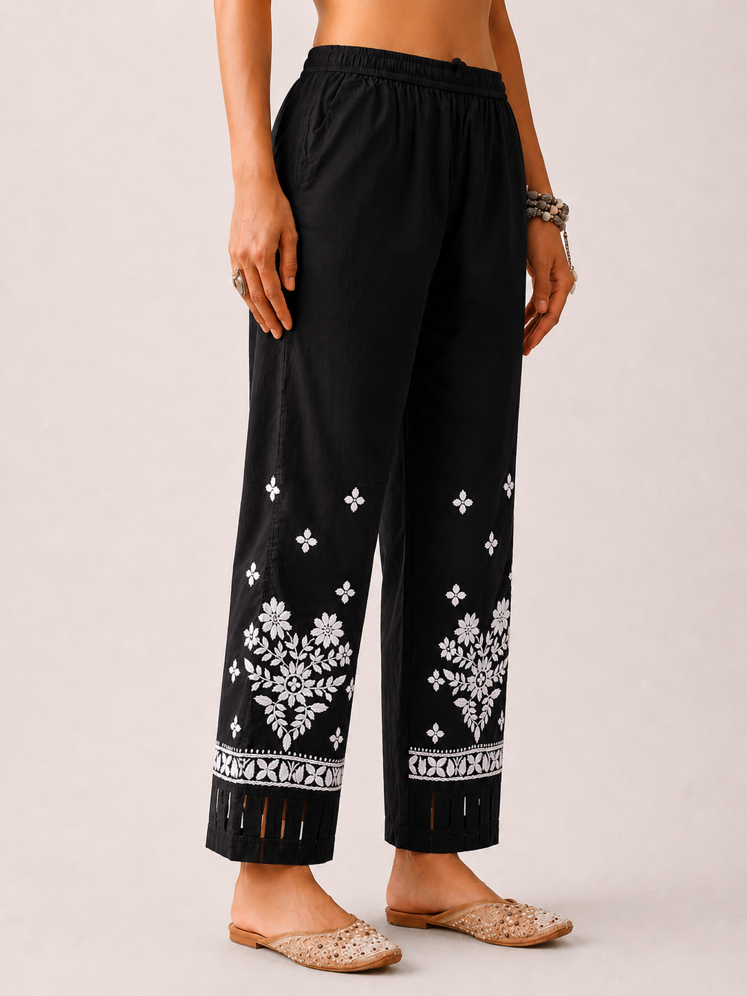 Lycra Straight  Chikankari Pant - Black