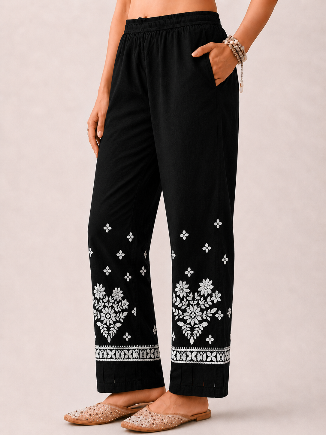 Lycra Straight  Chikankari Pant - Black