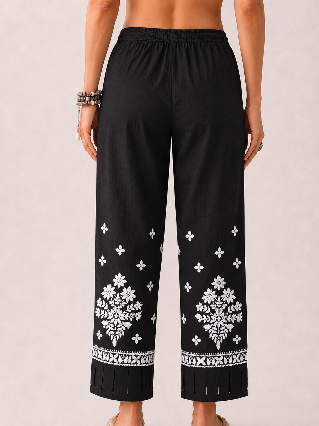 Lycra Straight  Chikankari Pant - Black