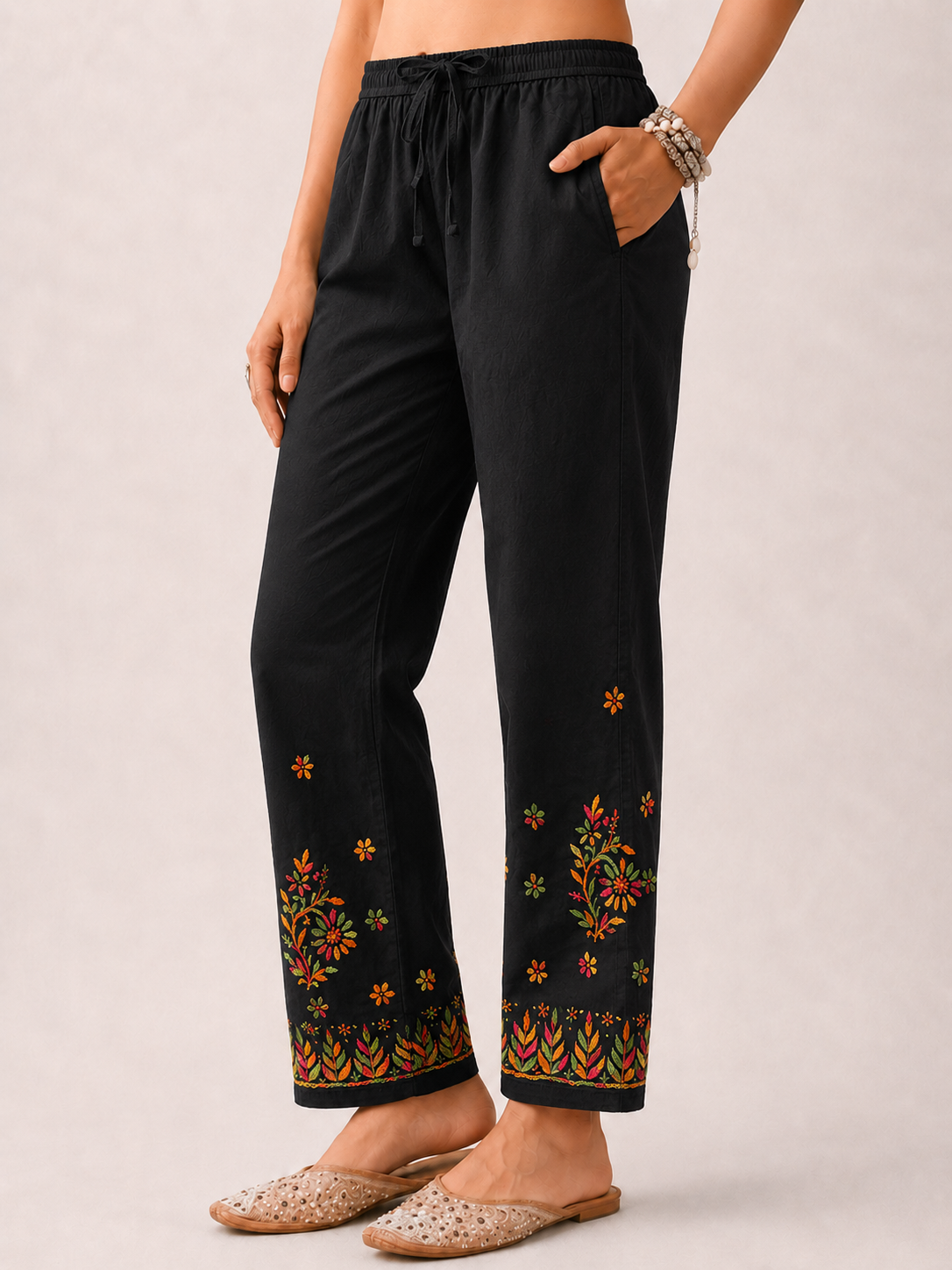 Floral Lycra Straight  Chikankari Pant - Black Multi