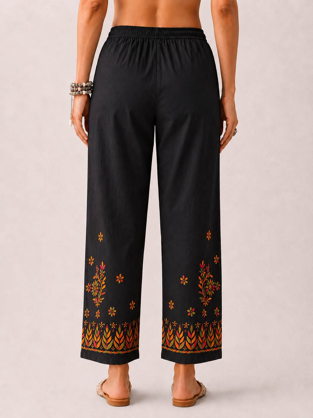 Floral Lycra Straight  Chikankari Pant - Black Multi