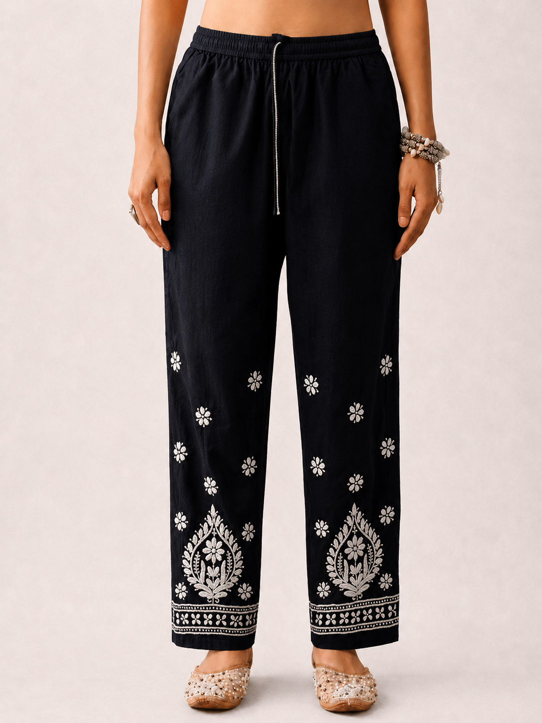 Floral Lycra Straight  Chikankari Pant - Black