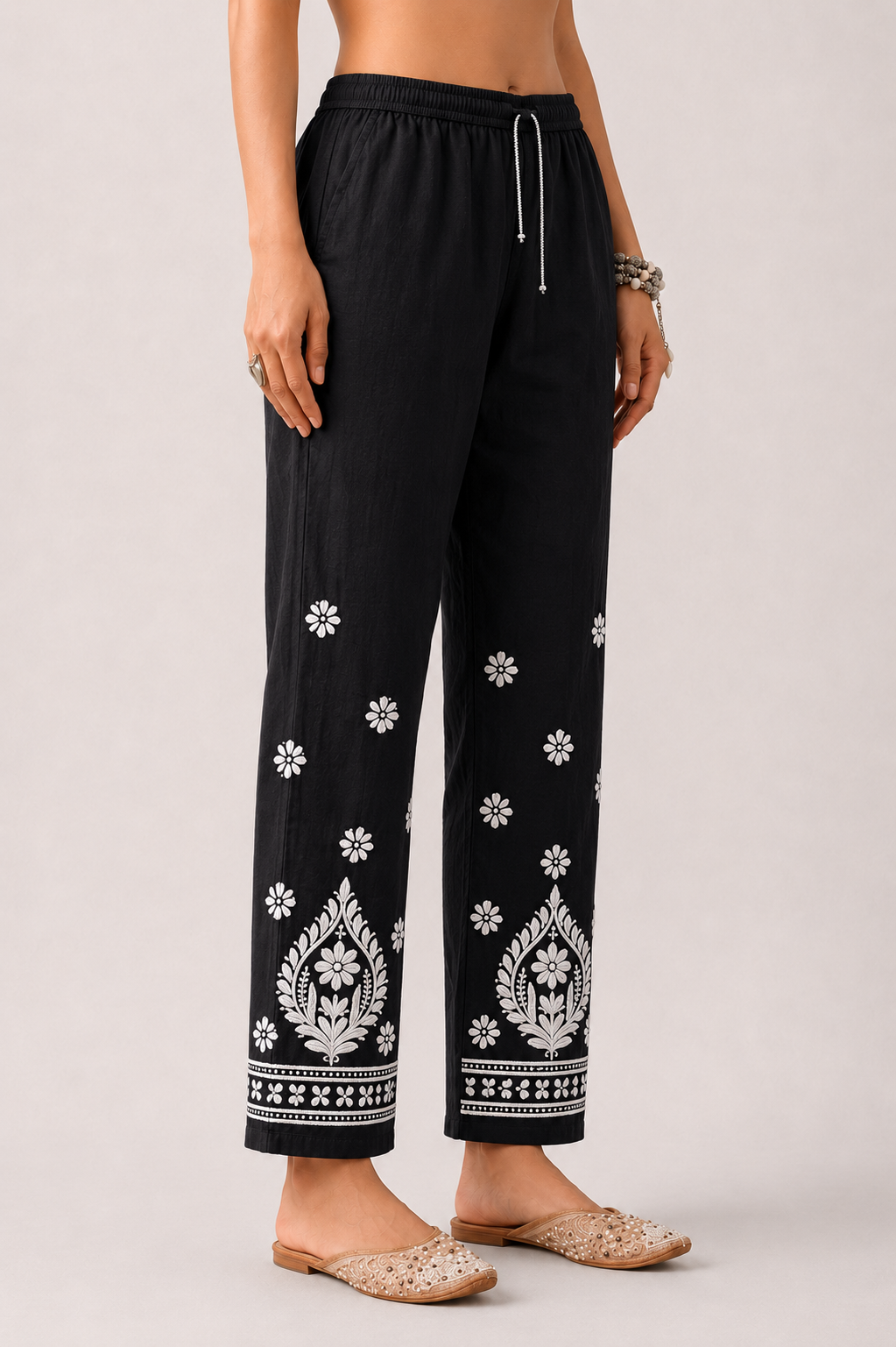Floral Lycra Straight  Chikankari Pant - Black