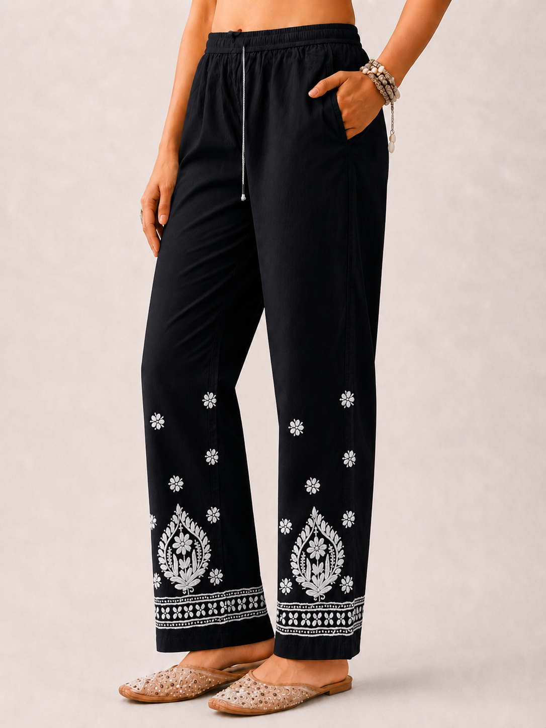 Floral Lycra Straight  Chikankari Pant - Black