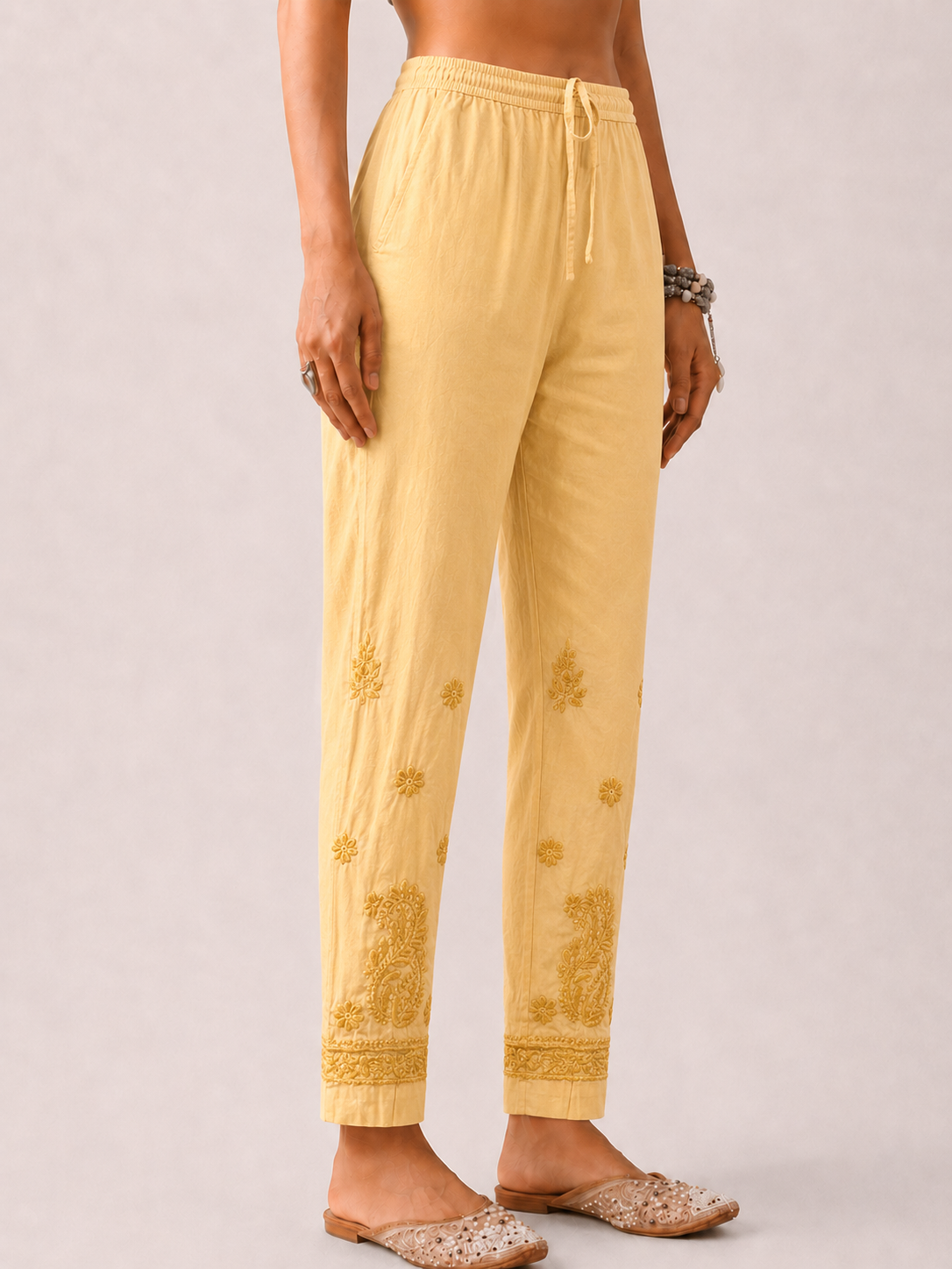 Mayuri Lycra Straight Chikankari Cigarette Pant - Yellow