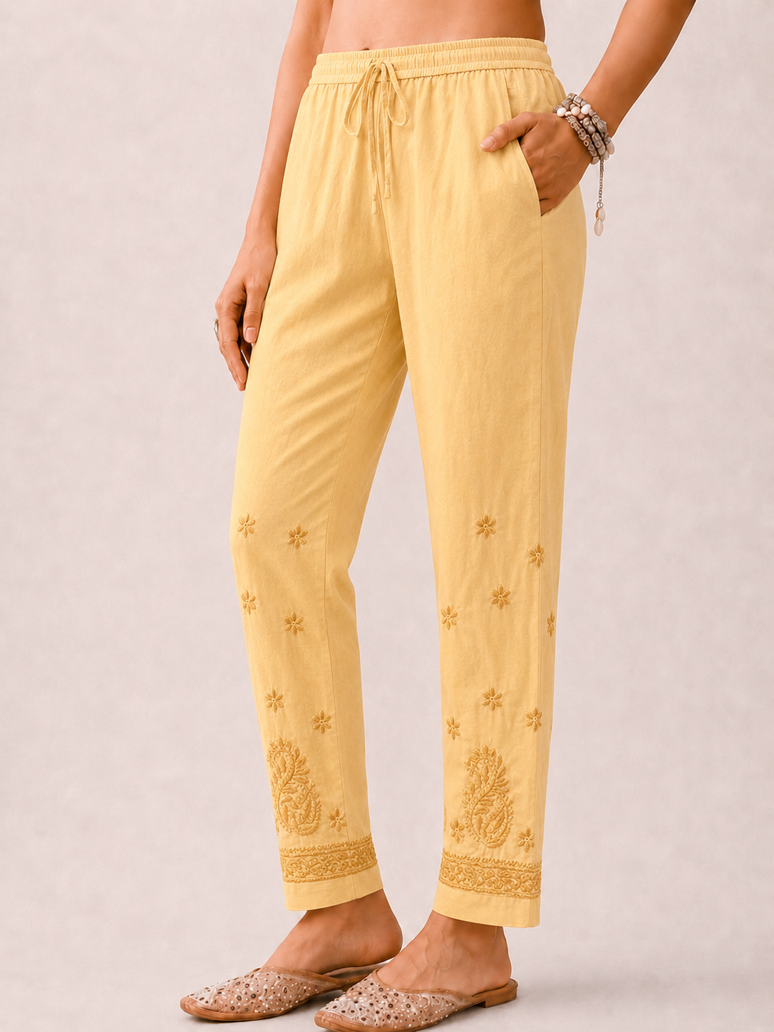 Mayuri Lycra Straight Chikankari Cigarette Pant - Yellow