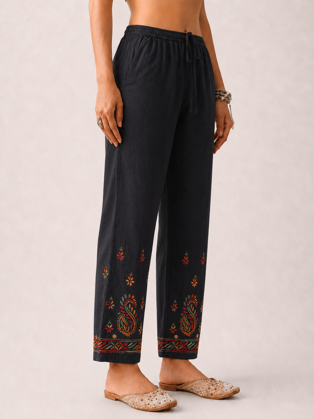Mayuri Lycra Straight  Chikankari Pant - Black Multi