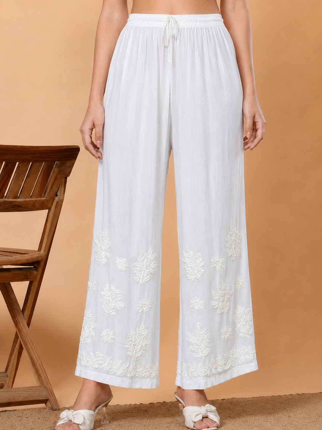 Modal Chikankari Straight Palazzo - White