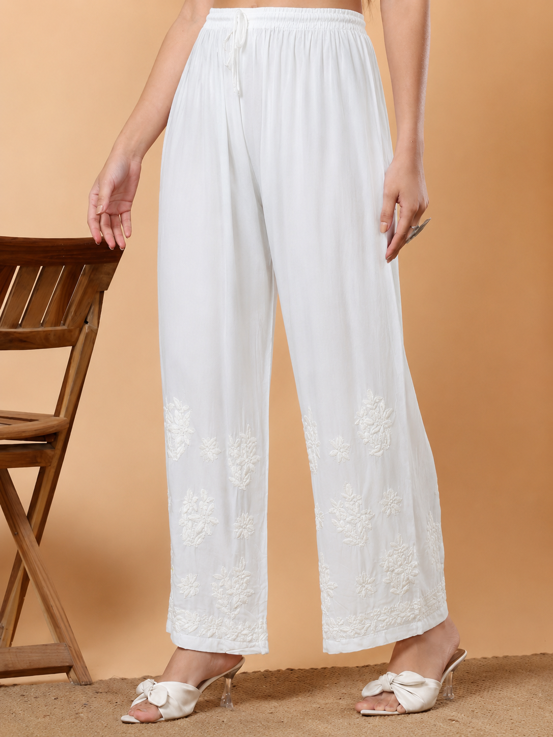 Modal Chikankari Straight Palazzo - White