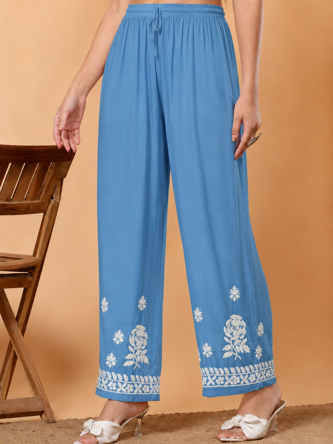 Modal Chikankari Straight Palazzo - Sky Blue