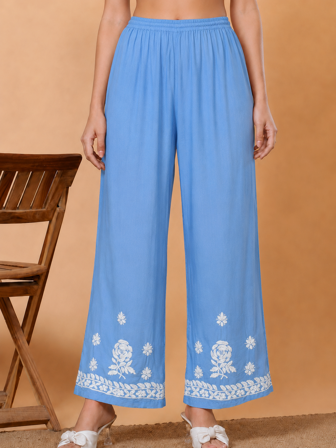 Modal Chikankari Straight Palazzo - Sky Blue