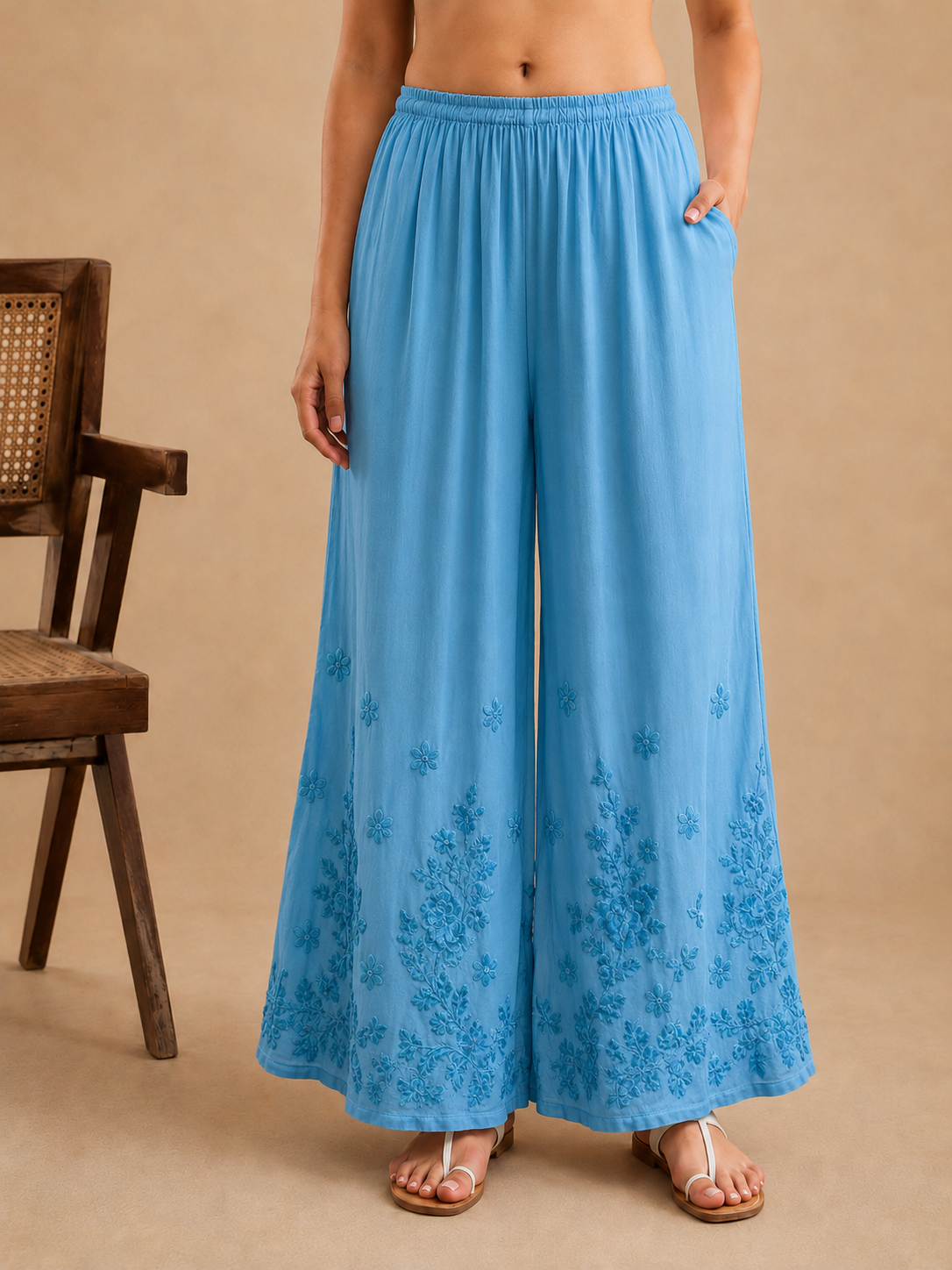 Modal Chikankari Kalidar Palazzo - Sky Blue