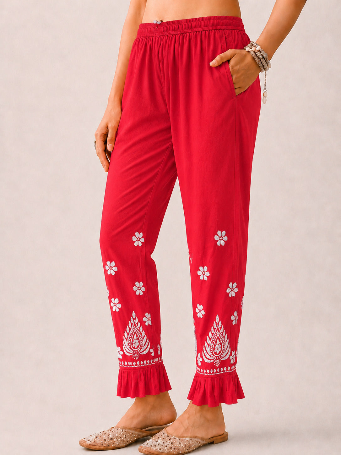 Rayon Chikankari Frill Pant - Red