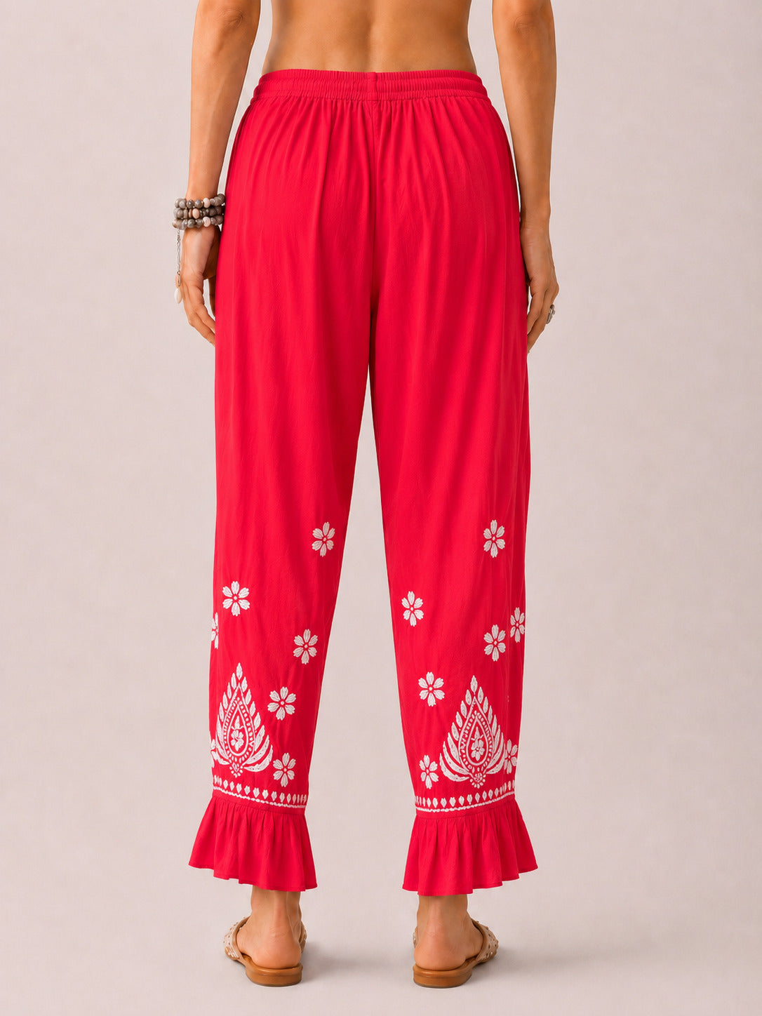 Rayon Chikankari Frill Pant - Red