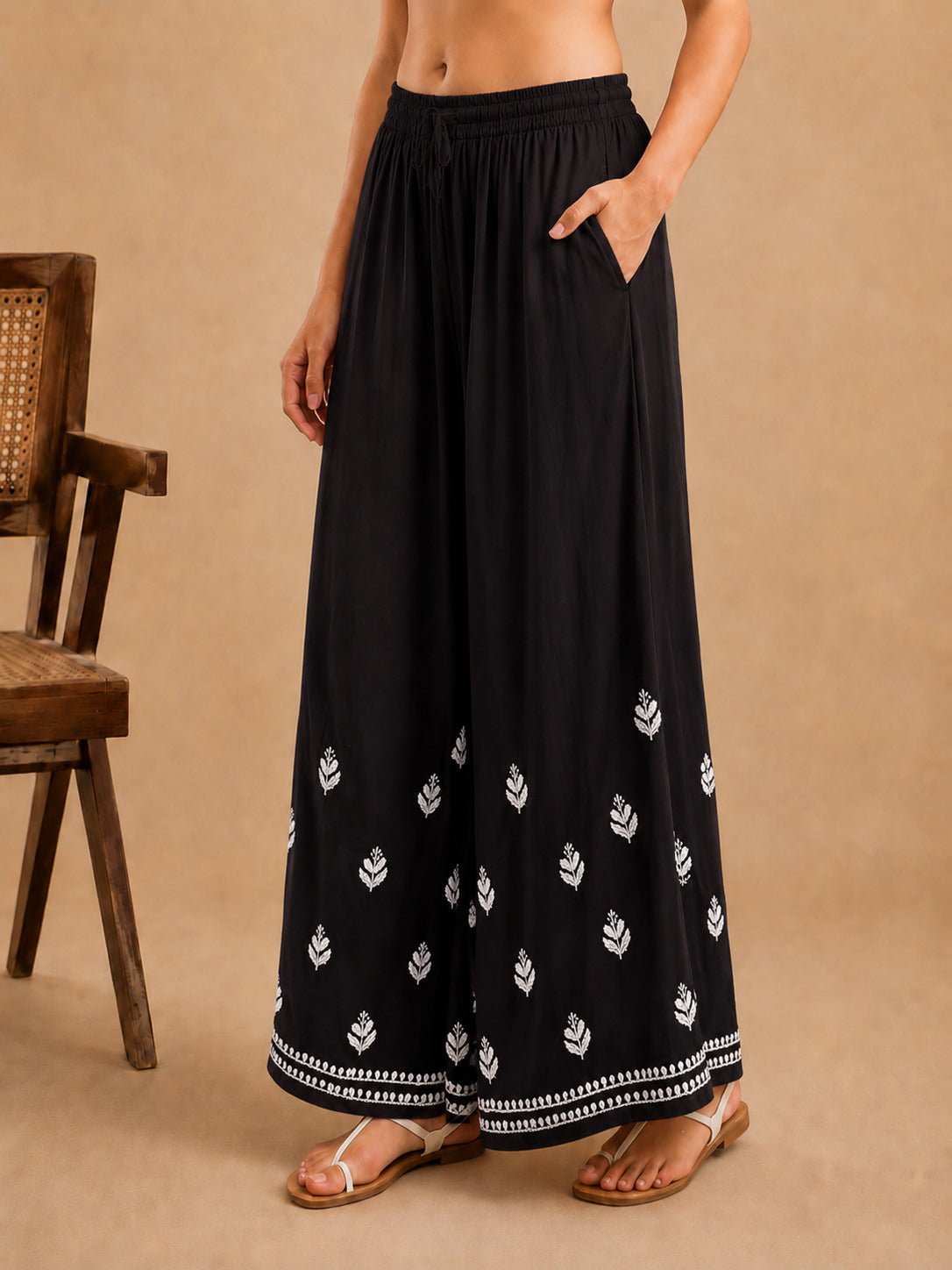 Rayon Chikankari Wide Leg Palazzo - Black