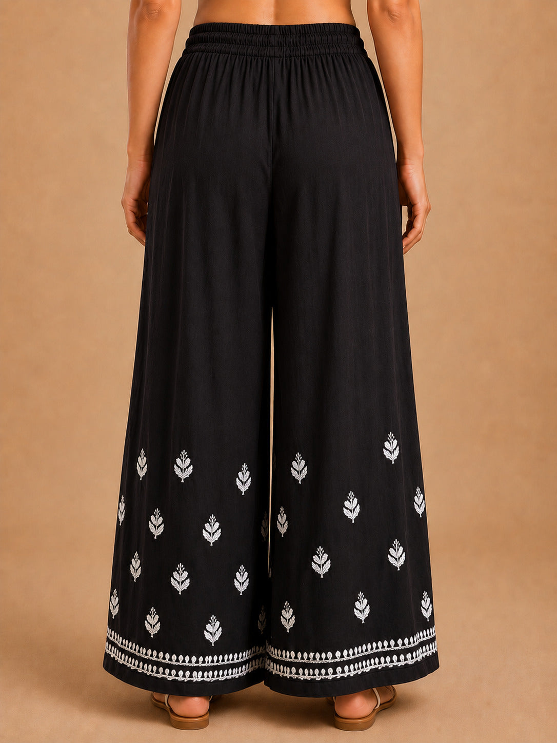 Rayon Chikankari Wide Leg Palazzo - Black