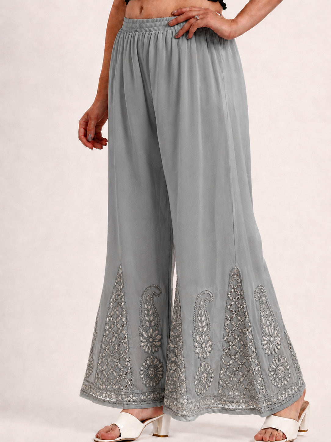 Georgette Chikankari Gota Patti Sharara - Grey