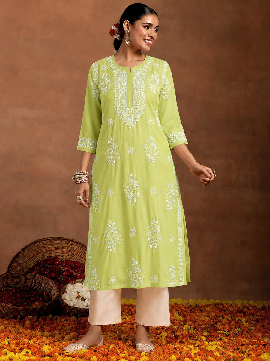 Chhavi Cotton Chikankari Straight Kurti with inner - Green