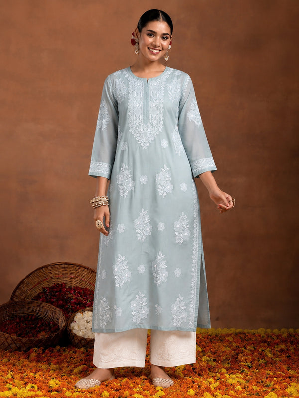 Women’s trending Chikankari kurti featuring breathable cotton construction, straight-cut silhouette, three-quarter sleeves and inner for comfortable day-long wear.