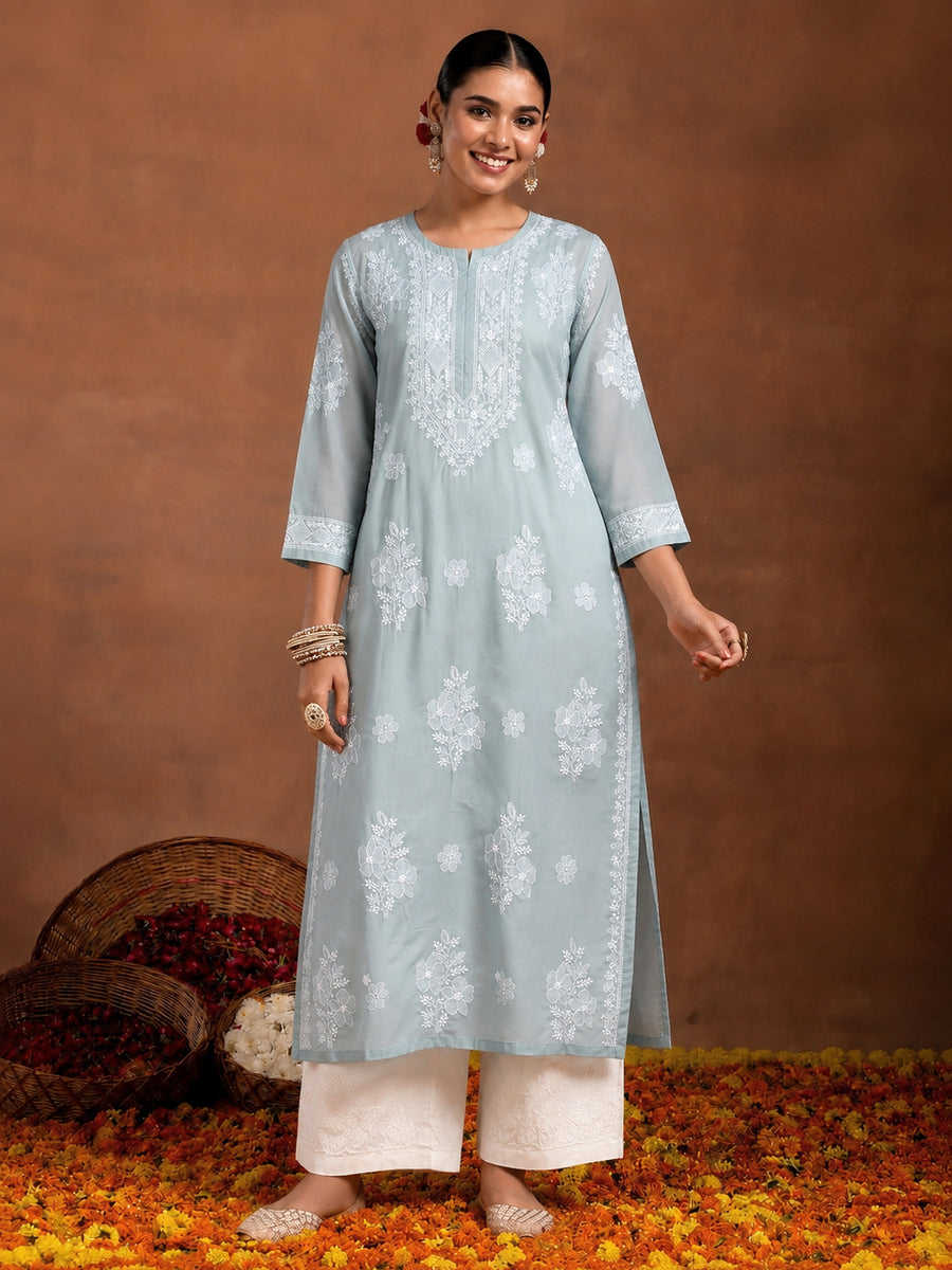 Chhavi Cotton Chikankari Straight Kurti with inner - Grey