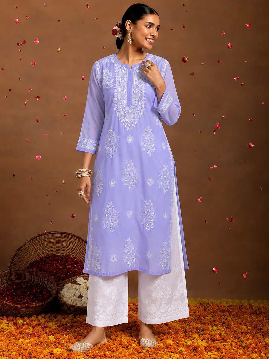 Chhavi Cotton Chikankari Straight Kurti with inner - Lavender