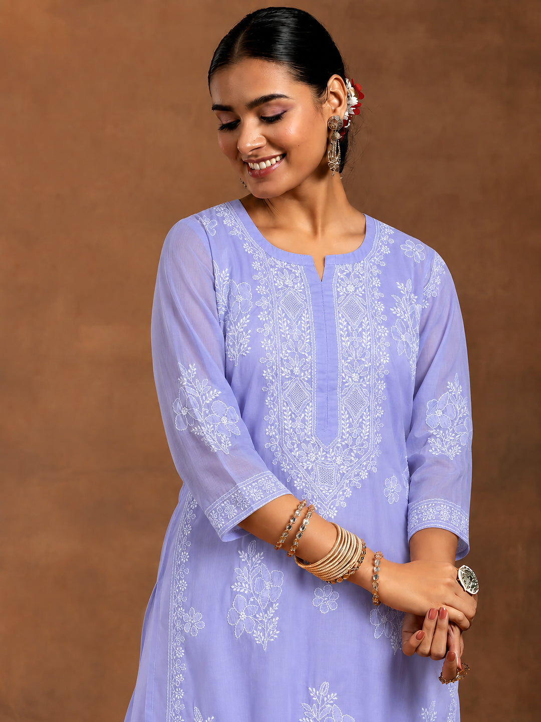 Chhavi Cotton Chikankari Kurti with inner featuring floral embroidered motifs and a relaxed straight silhouette for stylish and comfortable daily ethnic wear.