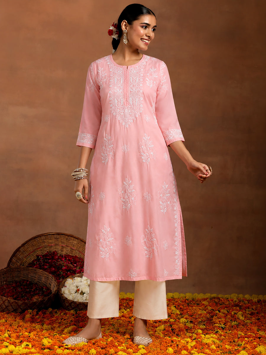Chhavi Cotton Chikankari Straight Kurti with inner - Peach