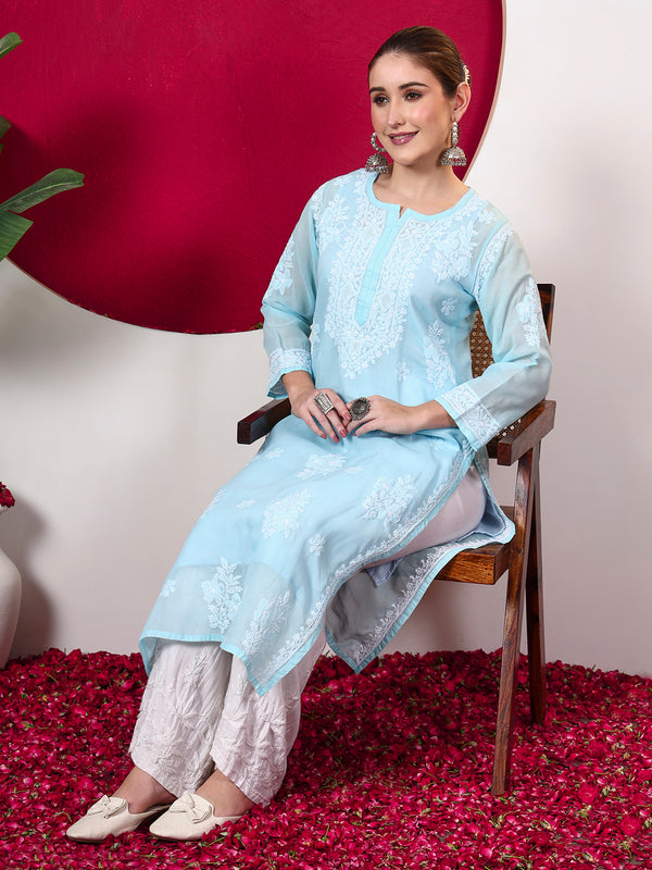 Chhavi Cotton Chikankari Straight Kurti with inner - Sea Green