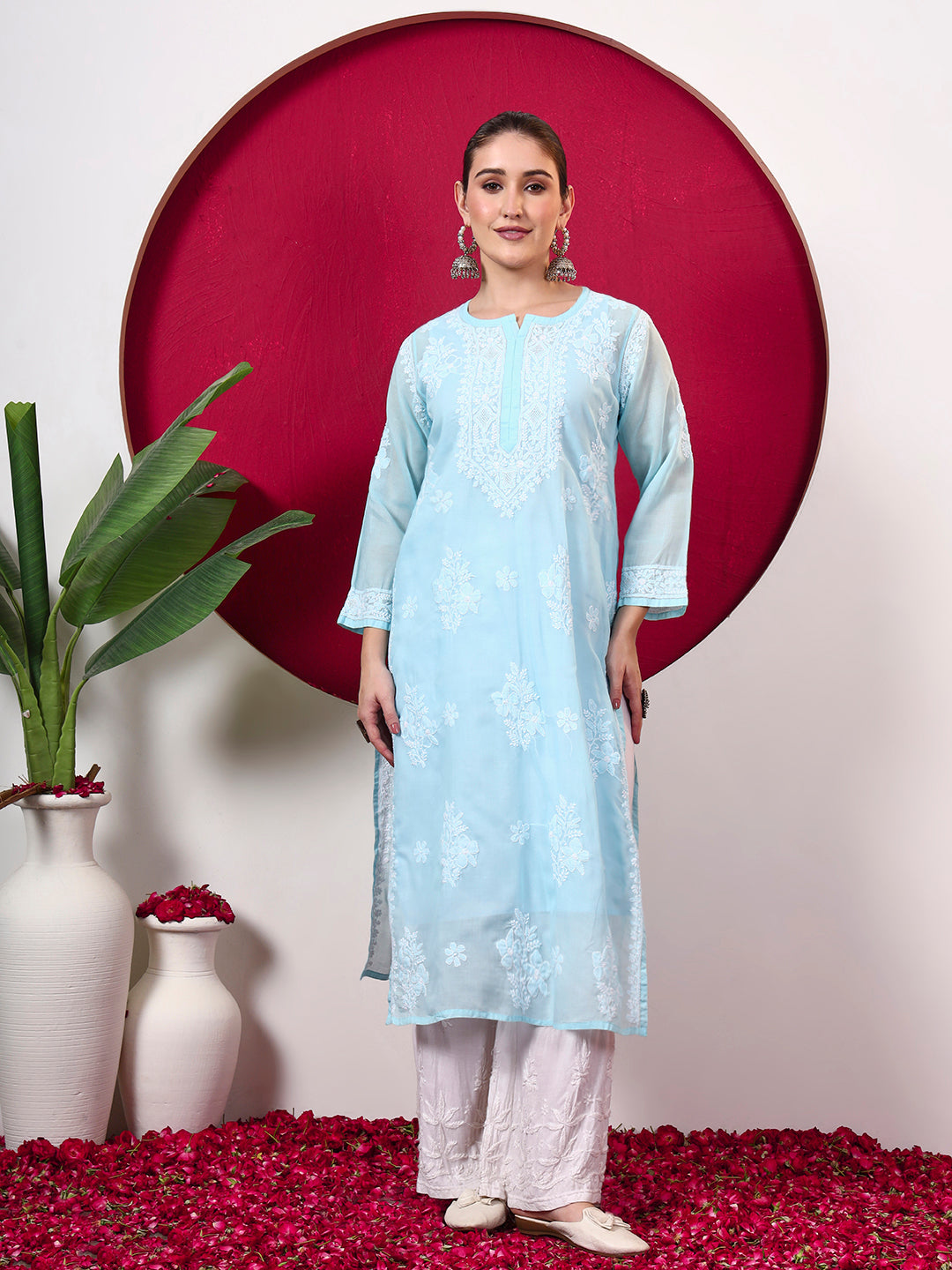 Chhavi Cotton Chikankari Straight Kurti with inner - Sea Green
