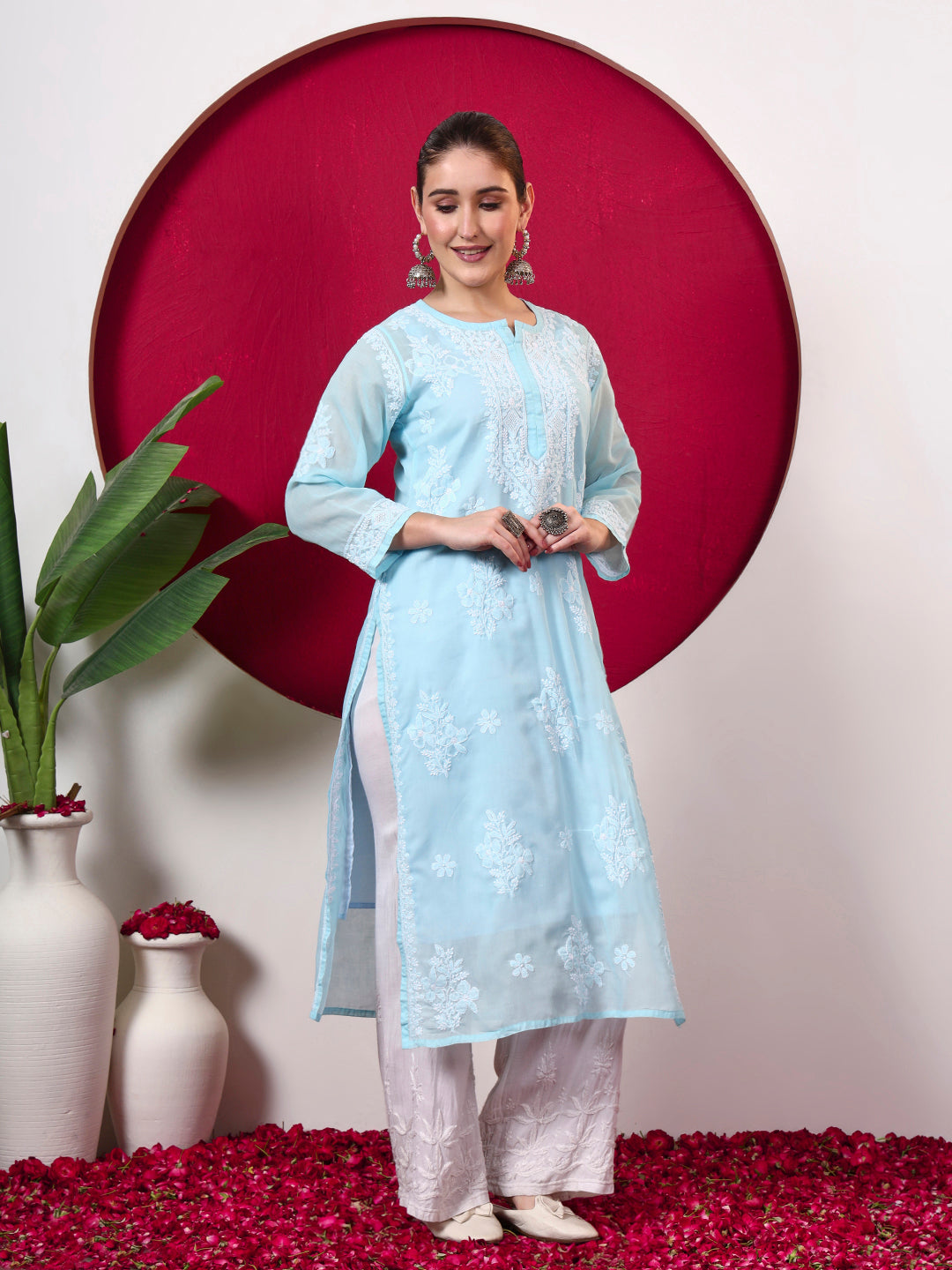 Chhavi Cotton Chikankari Straight Kurti with inner - Sea Green
