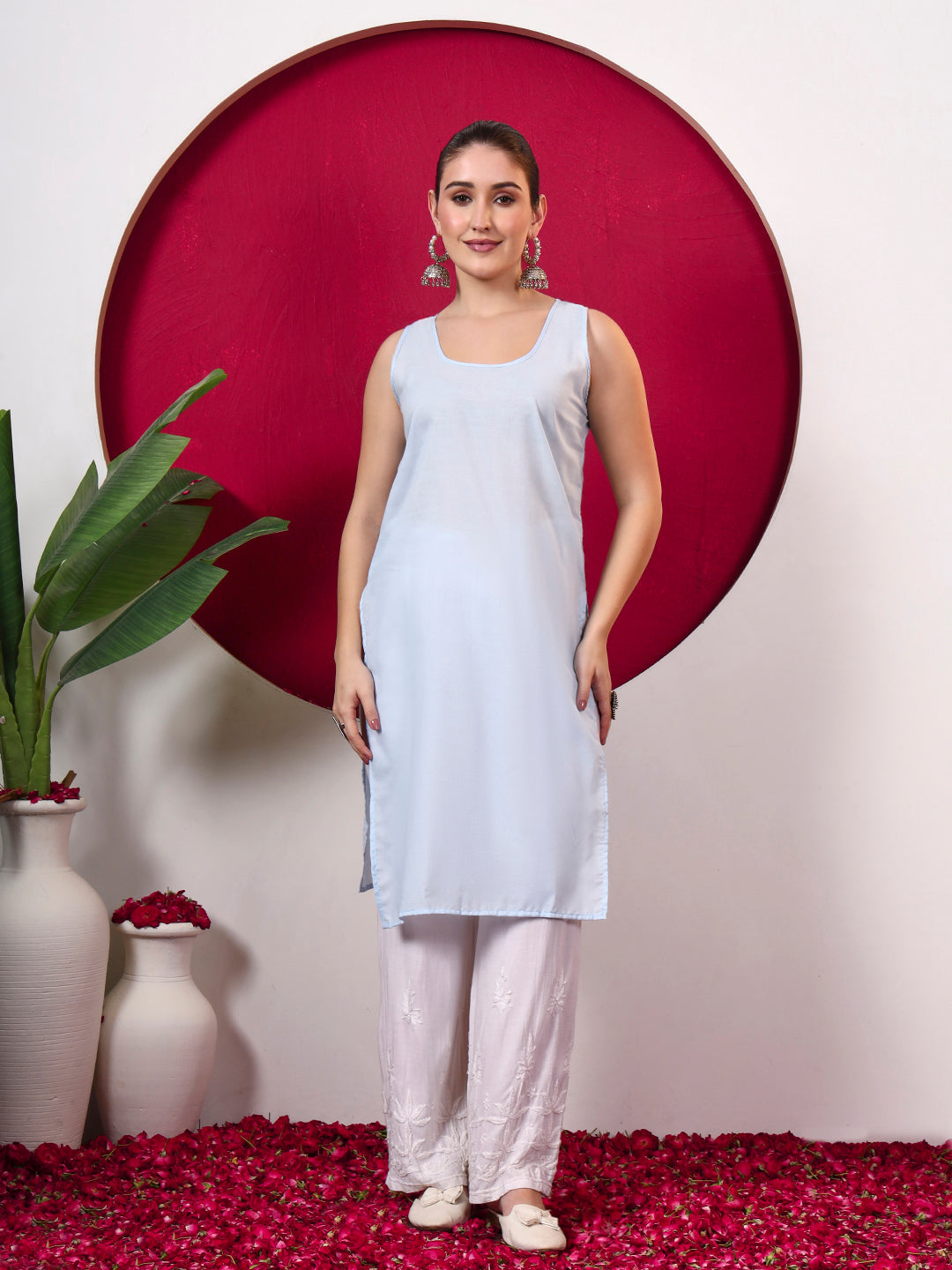 Chhavi Cotton Chikankari Straight Kurti with inner - Sea Green
